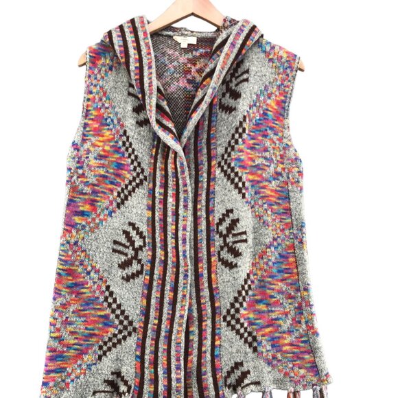 Entro Sweater Womens Medium Ivory Multi Cardigan Sleeveless Hooded Fringe Aztec - Picture 1 of 10